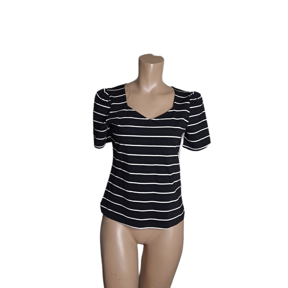 NWOT MERONA Black White stripes blouse size Xs